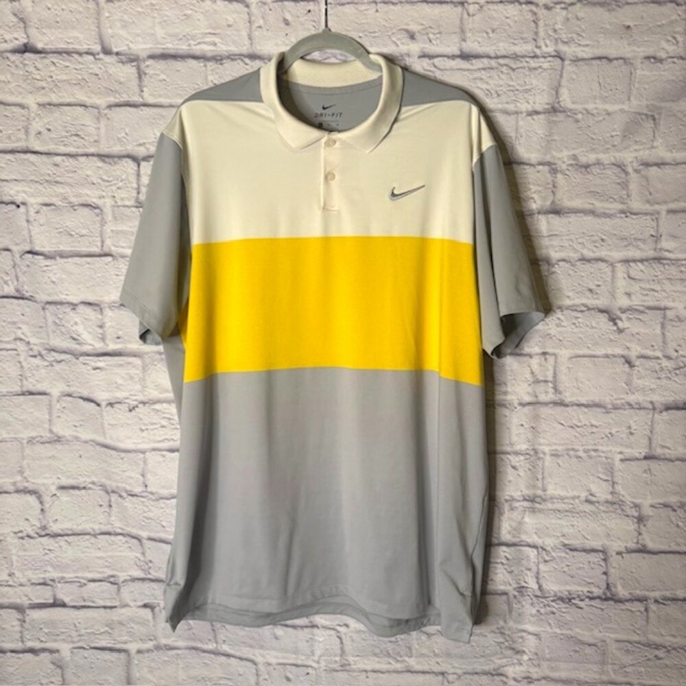 Nike Dri Fit Mens XL Golf Shirt White/Yellow/Gray Color Block